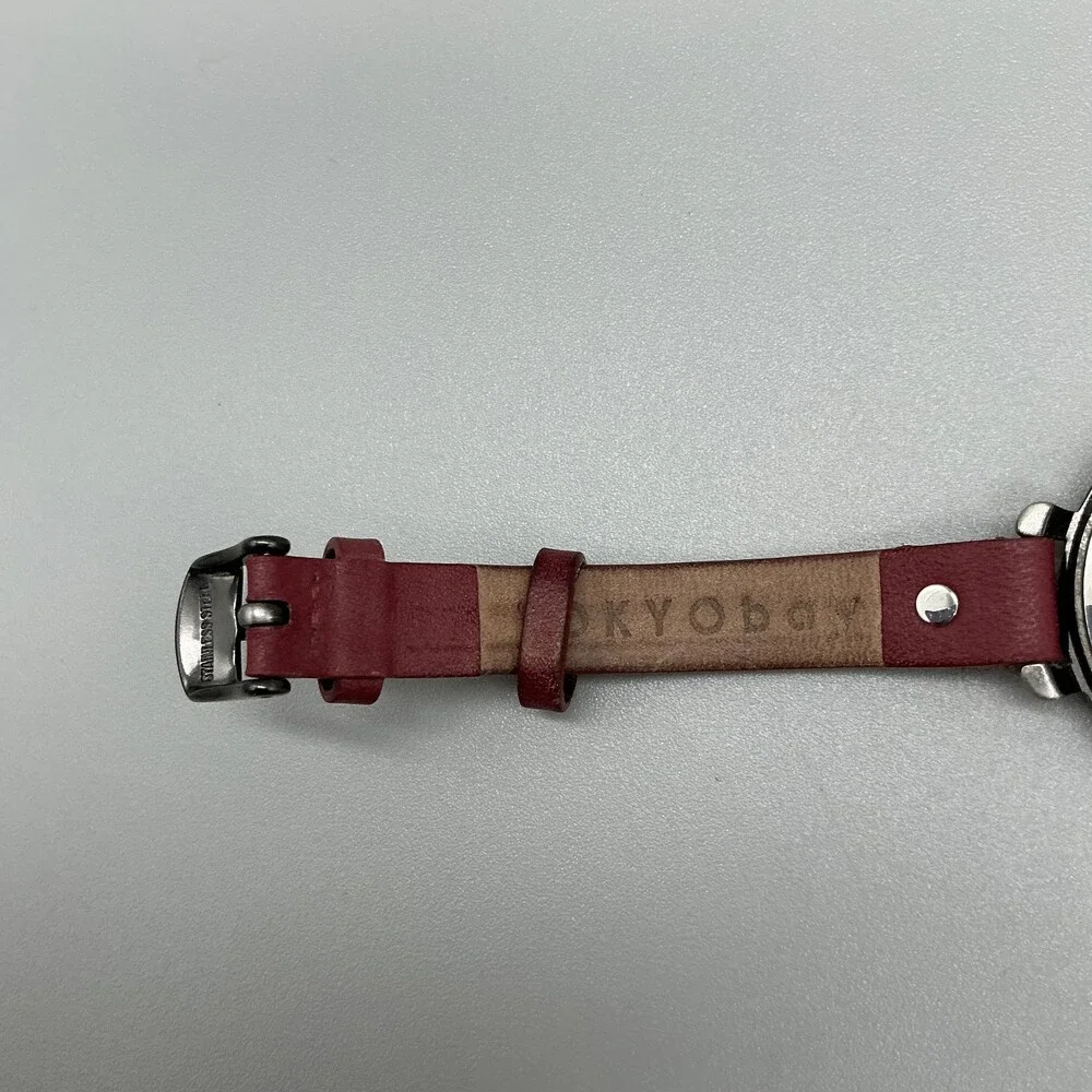 TOKYObay Womens Watch 35mm Silver Tone Cream Dial Red Leather Band New Battery